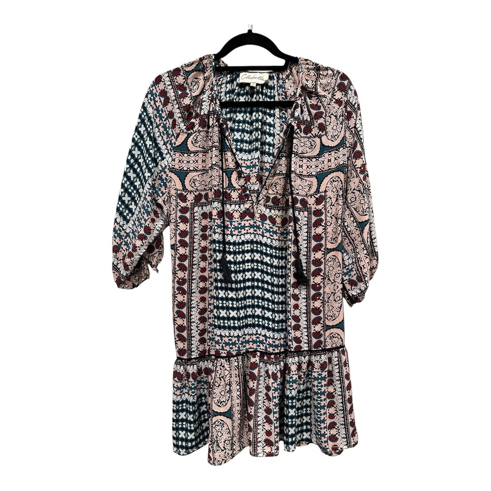 Cleobella Womens Small Boho Mixed Print Tassel Mini Dress Pink Teal Rayon Tiered